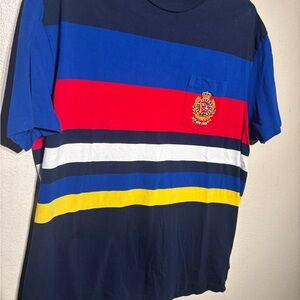 Polo Ralph Lauren Shirt Mens L Blue Red Striped Crest Classic Fit Cotton Pocket